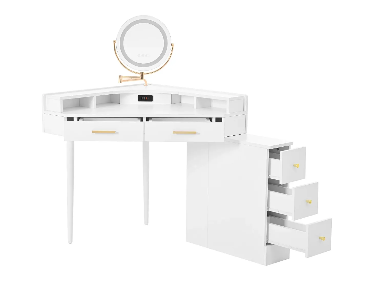 Toucador 105.5x75x120cm - con LED ajustável - con 5 gavetas - con portas USB e USB-C - Branco (banquinho não incluído)