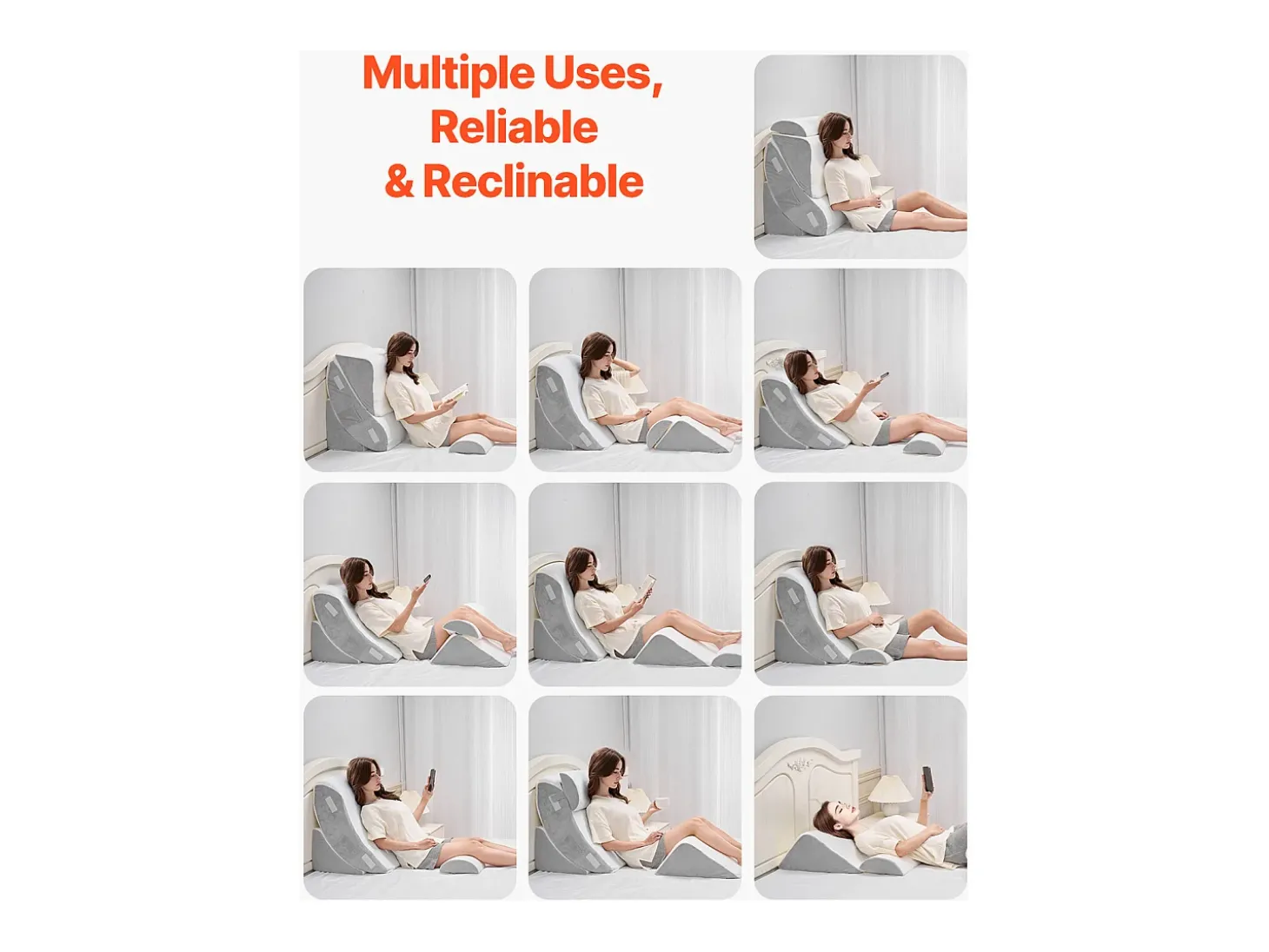Travesseiro Inclinado para Cama SucceBuy, Travesseiro Triangular Ortopédico Ajustável, Relleno de Espuma, Capa Lavável,Alívio do Refluxo Ácido, Branco/Cinza