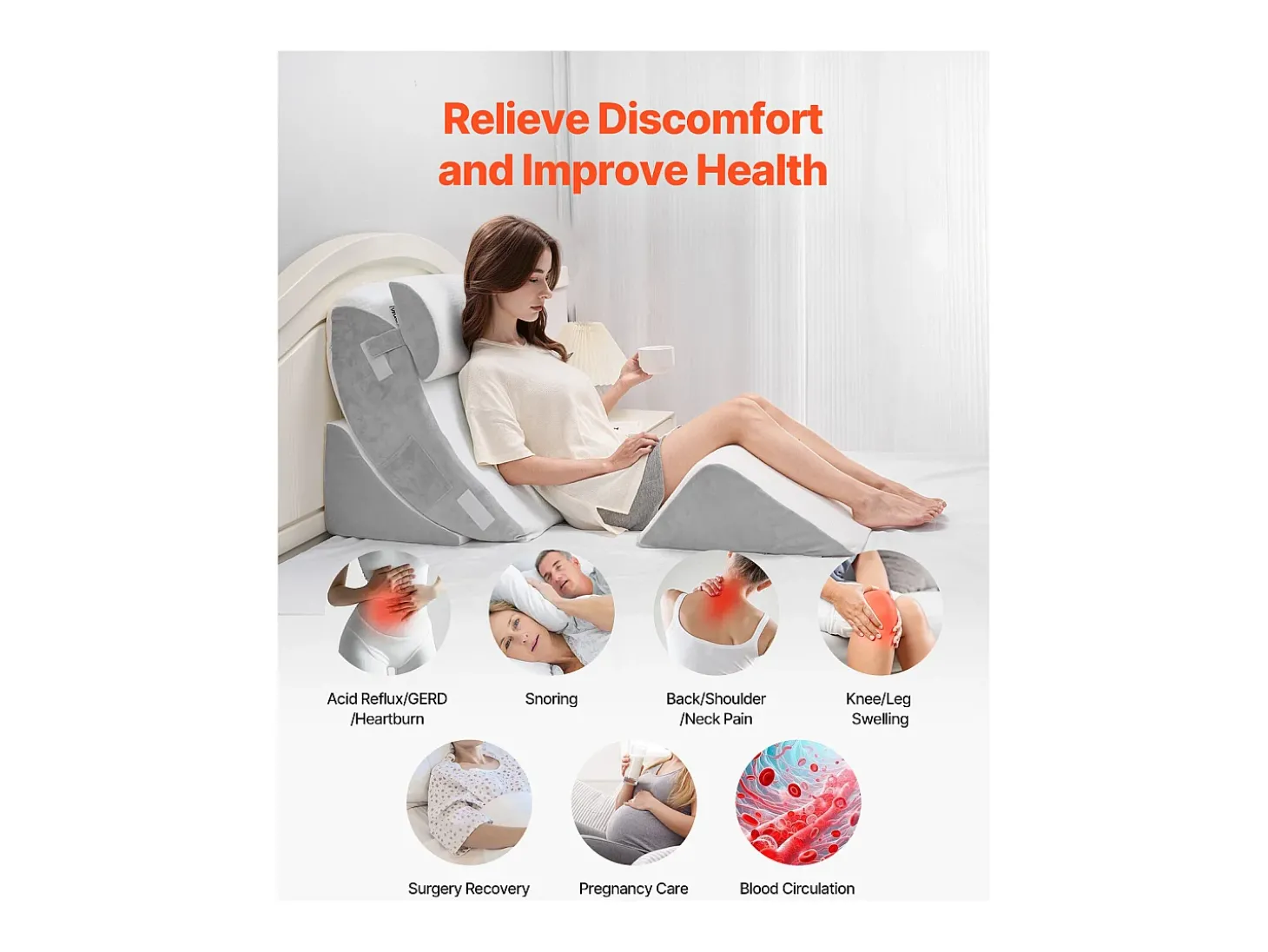 Travesseiro Inclinado para Cama SucceBuy, Travesseiro Triangular Ortopédico Ajustável, Relleno de Espuma, Capa Lavável,Alívio do Refluxo Ácido, Branco/Cinza