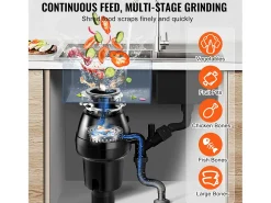 Triturador de Resíduos SucceBuy para Pia de Cozinha, 3/4 CV, Sistema de Trituração de Resíduos Alimentares, 3600 rpm, com Cabo de Alimentação