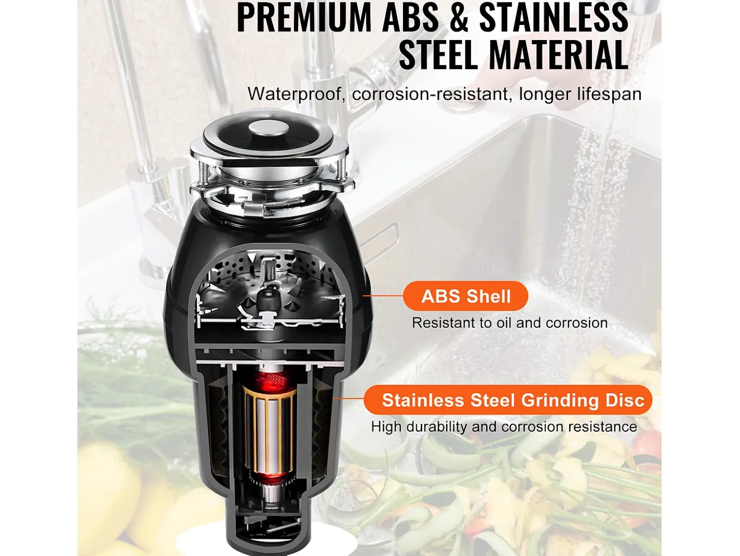 Triturador de Resíduos SucceBuy para Pia de Cozinha, 3/4 CV, Sistema de Trituração de Resíduos Alimentares, 3600 rpm, com Cabo de Alimentação