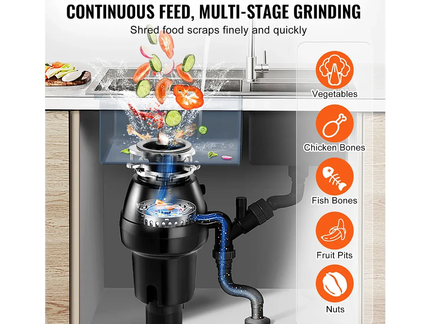 Triturador de Resíduos SucceBuy para Pia de Cozinha, 1/2 CV, Sistema de Trituração de Resíduos Alimentares, 3820 rpm, com Cabo de Alimentação
