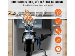 Triturador de Resíduos SucceBuy de Cozinha 3/4 HP, Sistema de Moagem de Desperdícios Alimentares, Instalação Fácil, 3930 rpm, com Cabo de Alimentação