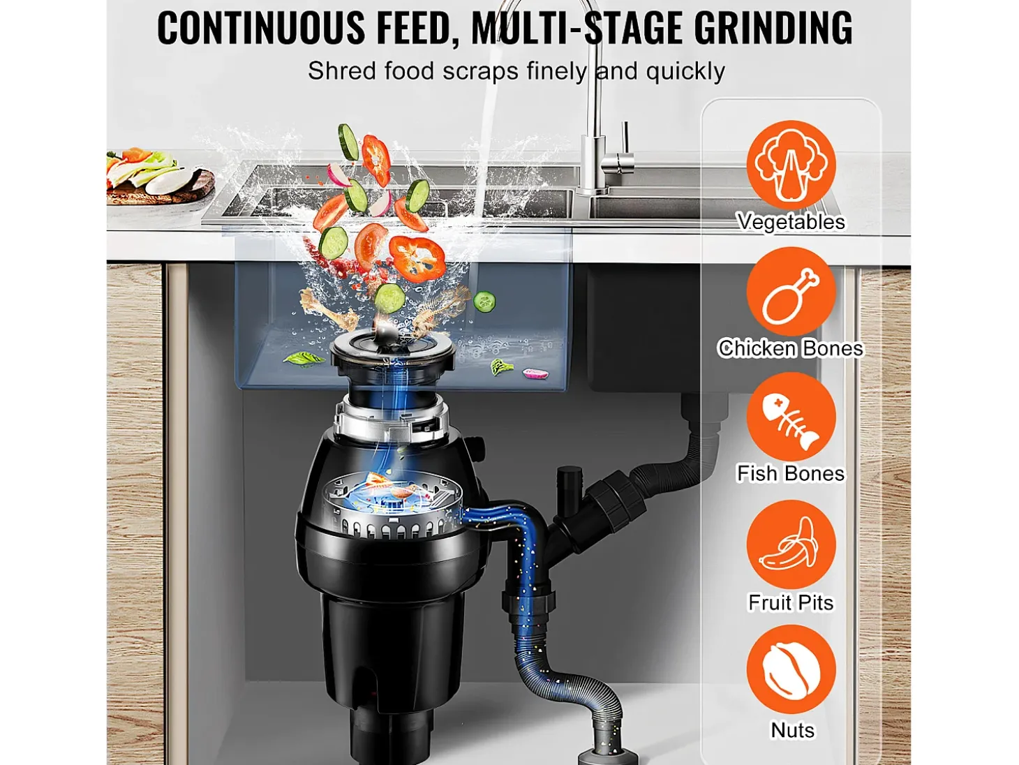 Triturador de Resíduos SucceBuy de Cozinha 3/4 HP, Sistema de Moagem de Desperdícios Alimentares, Instalação Fácil, 3930 rpm, com Cabo de Alimentação
