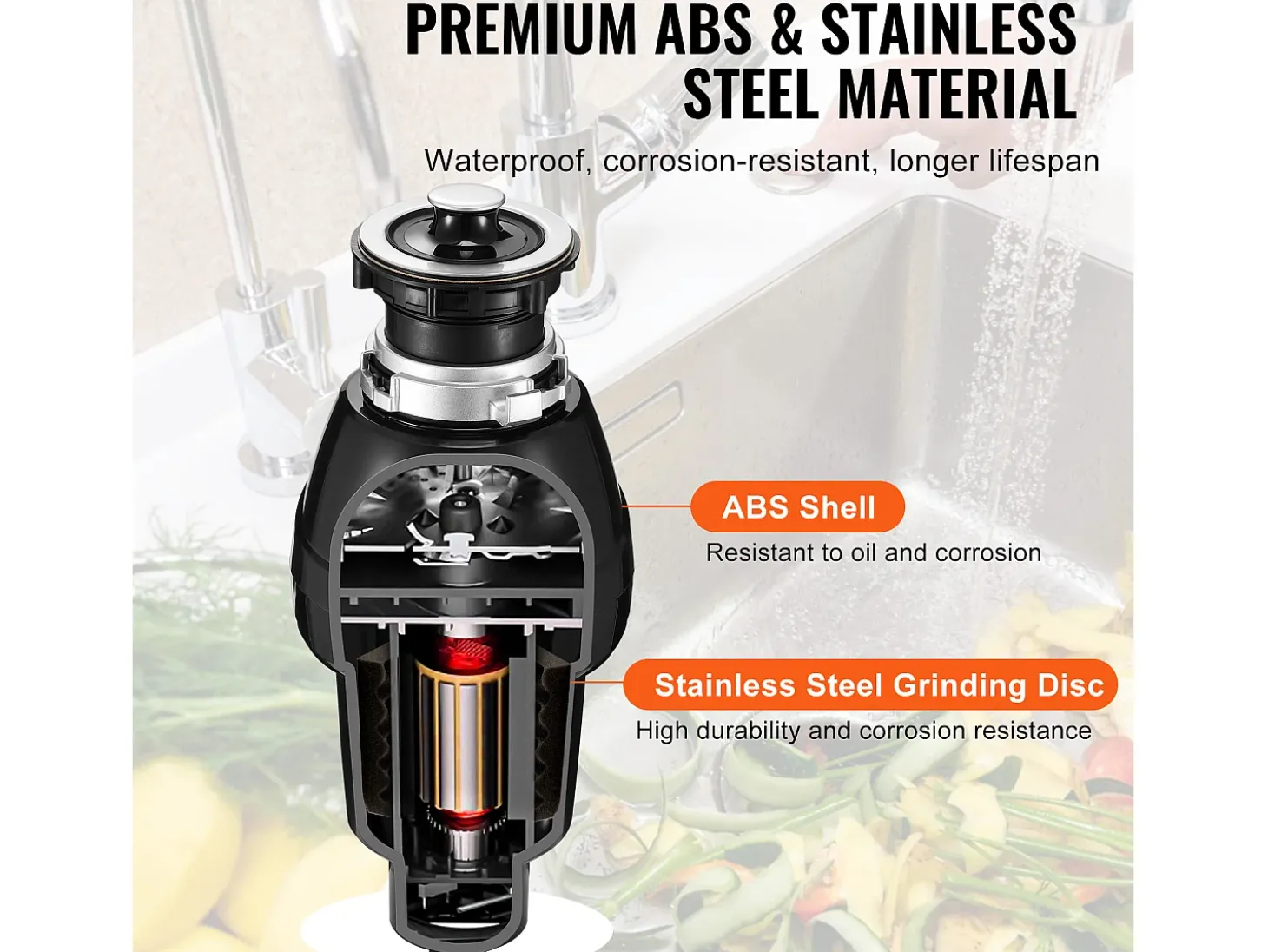 Triturador de Resíduos SucceBuy de Cozinha 3/4 HP, Sistema de Moagem de Desperdícios Alimentares, Instalação Fácil, 3930 rpm, com Cabo de Alimentação