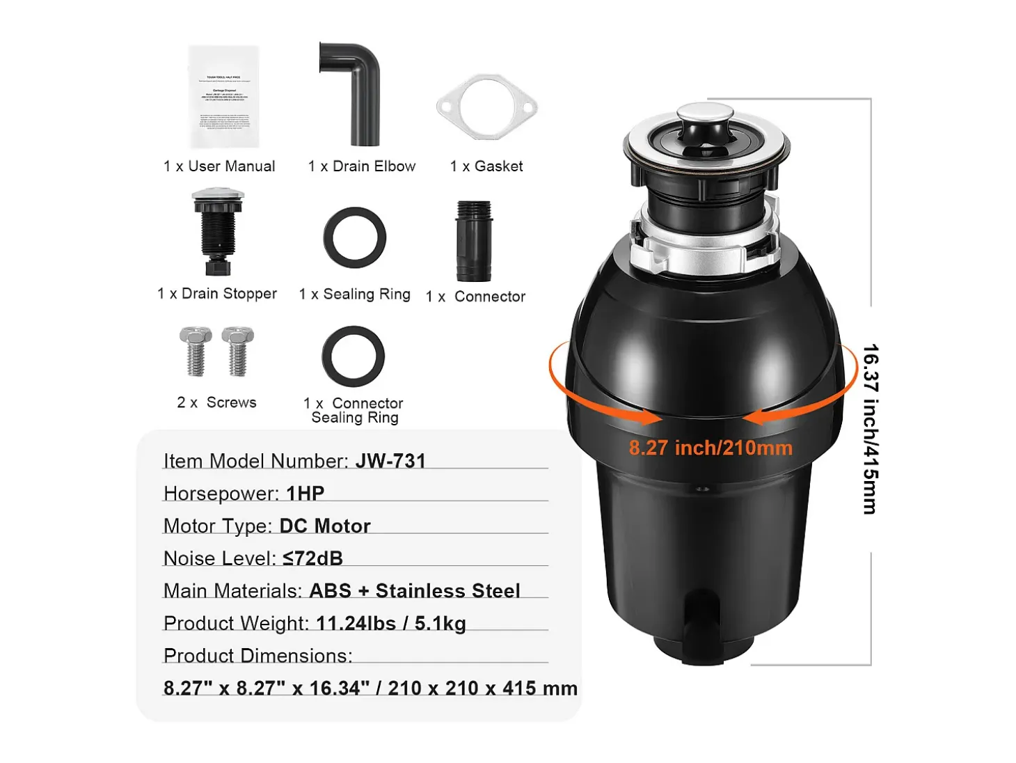Triturador de Resíduos SucceBuy, 1CV, Sistema de Trituração de Resíduos Alimentares com Montagem EZ,3960 rpm,Equipado com Cabo de Alimentação