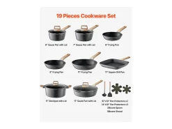 Utensílios de Cozinha SucceBuy Trem de Cozinha Antiaderentes em Granito com 19 Peças - Preto