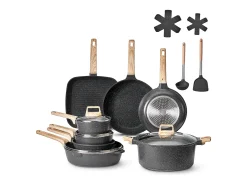 Utensílios de Cozinha SucceBuy Trem de Cozinha Antiaderentes em Granito com 19 Peças - Preto