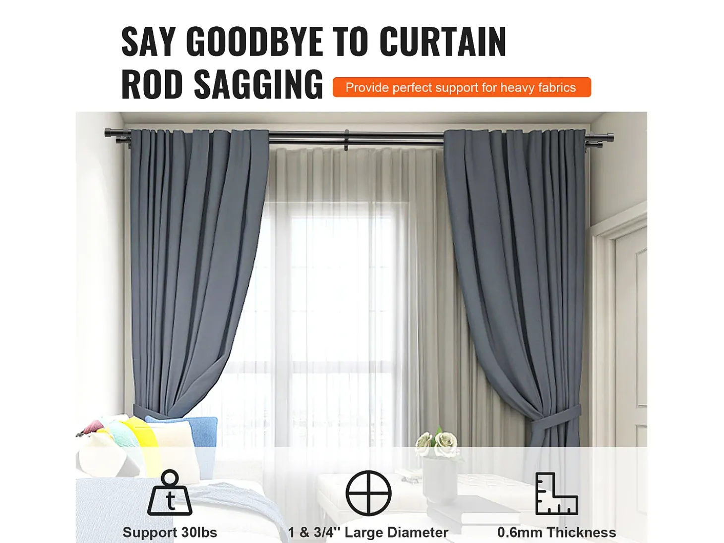 Varais de Cortinas com Dupla Barra SucceBuy, de 183 a 366 cm de Comprimento Ajustável com Pontas de Capa