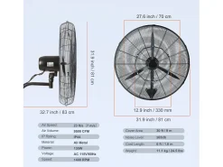 Ventilador de Nebulização, SucceBuy 74,9 CM 9500 CFM Ventilador de Nebulização de Parede de 3 Velocidades