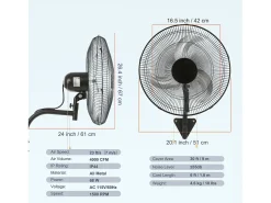 Ventilador de Parede SucceBuy, 44cm, 4000 CFM, 3 Velocidades, Preto, para Refrigerar Armazéns, Estufas, Oficinas, Pátios e Caves