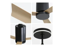 Ventilador de teto 132 cm, 3 pás em folheado de madeira natural com LED, 6 velocidades e temporizador, motor DC reversível, preto