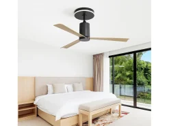 Ventilador de teto 132 cm, 3 pás em folheado de madeira natural com LED, 6 velocidades e temporizador, motor DC reversível, preto