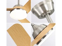 Ventilador de teto 132 cm, 3 pás em folheado de madeira natural com LED, 6 velocidades e temporizador, motor DC reversível, prata