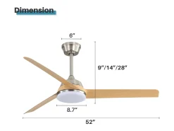 Ventilador de teto 132 cm, 3 pás em folheado de madeira natural com LED, 6 velocidades e temporizador, motor DC reversível, prata