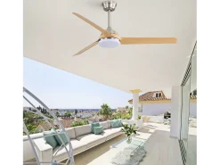 Ventilador de teto 132 cm, 3 pás em folheado de madeira natural com LED, 6 velocidades e temporizador, motor DC reversível, prata