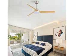 Ventilador de teto 132 cm, 3 pás em folheado de madeira natural com LED, 6 velocidades e temporizador, motor DC reversível, prata