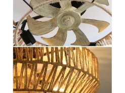 Ventilador de teto com cúpula de corda de juta 56 cm, 7 pás com luz, 6 velocidades, motor DC reversível, luz natural