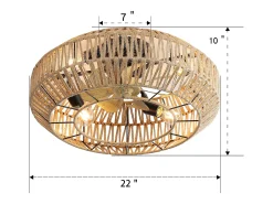 Ventilador de teto com cúpula de corda de juta 56 cm, 7 pás com luz, 6 velocidades, motor DC reversível, luz natural