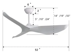 Ventilador de teto de 132 cm, 3 pás curvas, com controle remoto, 6 velocidades e temporizador, motor DC reversível, branco