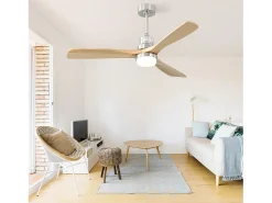 Ventilador de teto de 132 cm, 3 pás de madeira, com LED, 6 velocidades e temporizador, motor DC reversível, prata