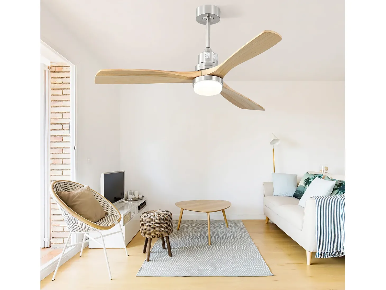 Ventilador de teto de 132 cm, 3 pás de madeira, com LED, 6 velocidades e temporizador, motor DC reversível, prata
