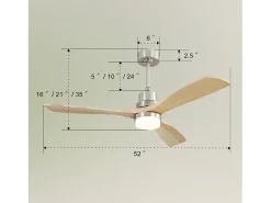 Ventilador de teto de 132 cm, 3 pás de madeira, com LED, 6 velocidades e temporizador, motor DC reversível, prata
