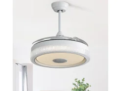 Ventilador de teto de 106,6 cm com 3 lâminas retráteis, LED e alto-falante Bluetooth, motor DC reversível, branco