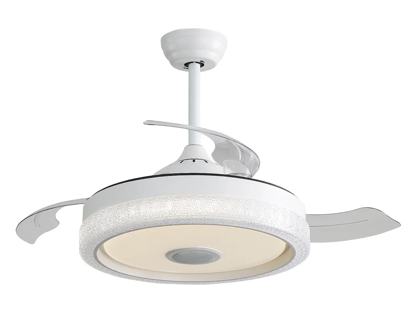 Ventilador de teto de 106,6 cm com 3 lâminas retráteis, LED e alto-falante Bluetooth, motor DC reversível, branco