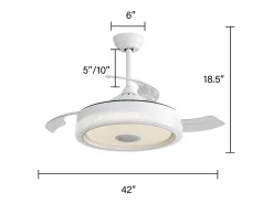 Ventilador de teto de 106,6 cm com 3 lâminas retráteis, LED e alto-falante Bluetooth, motor DC reversível, branco