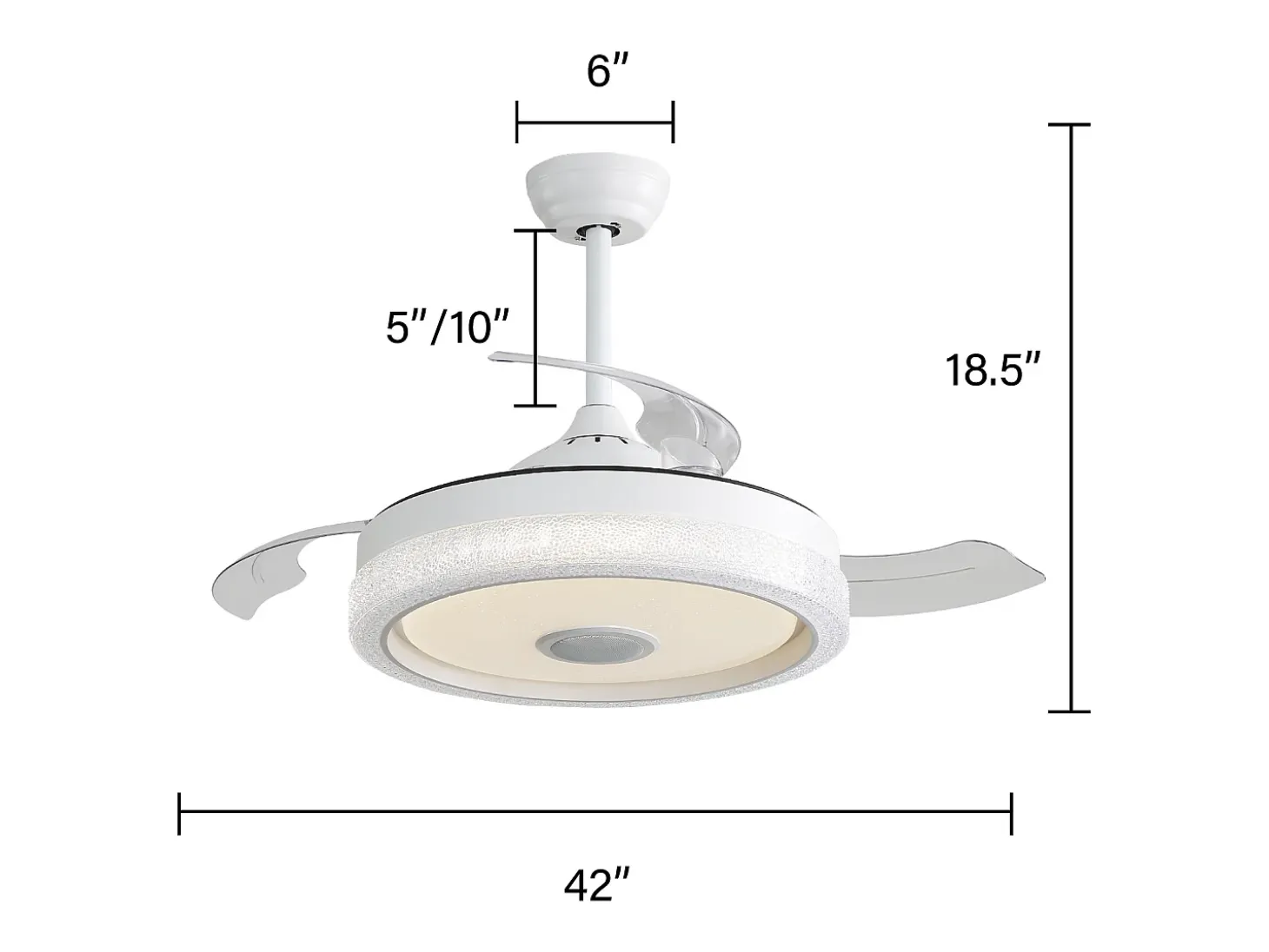 Ventilador de teto de 106,6 cm com 3 lâminas retráteis, LED e alto-falante Bluetooth, motor DC reversível, branco
