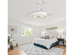 Ventilador de teto de 106,6 cm com 3 lâminas retráteis, LED e alto-falante Bluetooth, motor DC reversível, branco