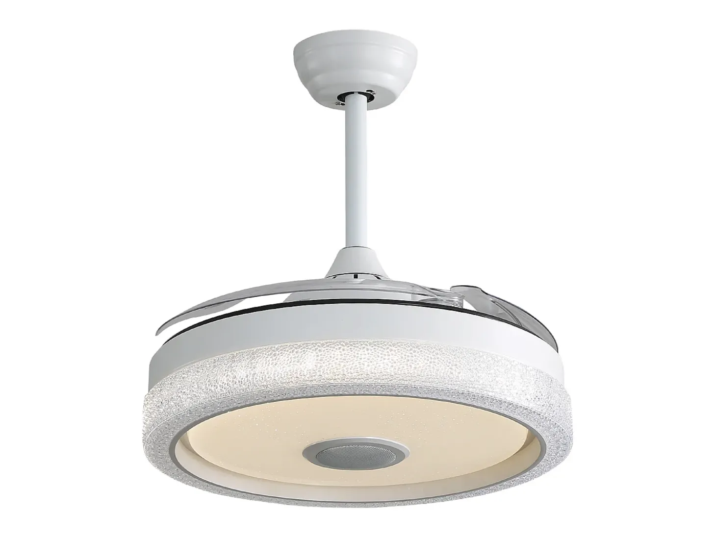 Ventilador de teto de 106,6 cm com 3 lâminas retráteis, LED e alto-falante Bluetooth, motor DC reversível, branco