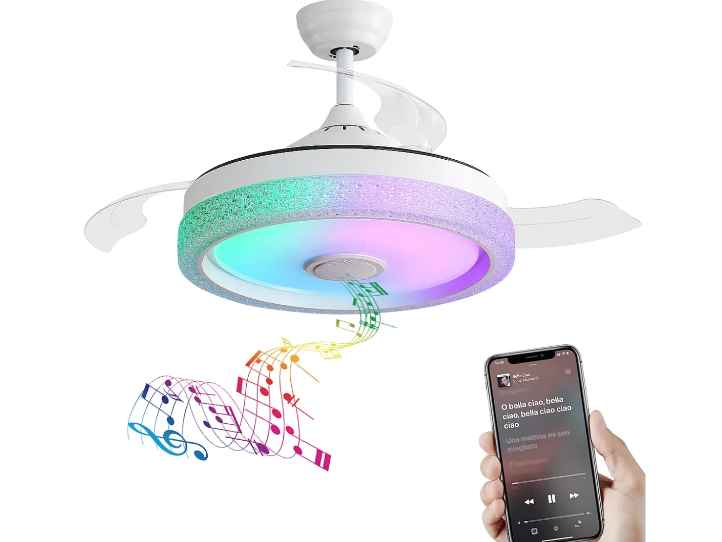 Ventilador de teto de 106,6 cm com 3 lâminas retráteis, LED e alto-falante Bluetooth, motor DC reversível, branco
