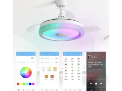Ventilador de teto de 106,6 cm com 3 lâminas retráteis, LED e alto-falante Bluetooth, motor DC reversível, branco