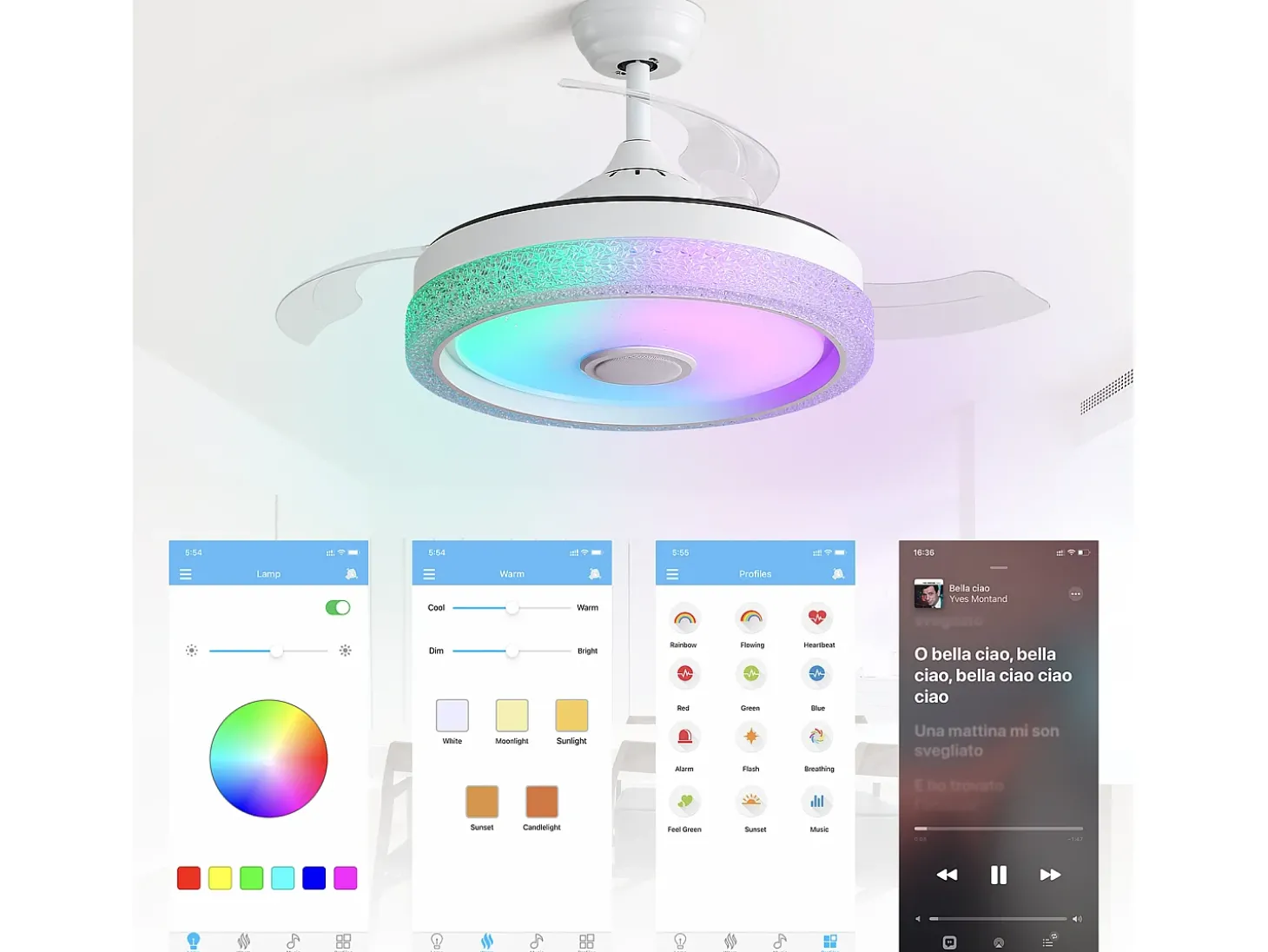 Ventilador de teto de 106,6 cm com 3 lâminas retráteis, LED e alto-falante Bluetooth, motor DC reversível, branco