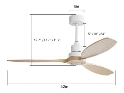 Ventilador de teto de 132 cm com 3 pás de folheado de madeira, controle remoto de 6 velocidades e temporizador, motor DC reversível, branco