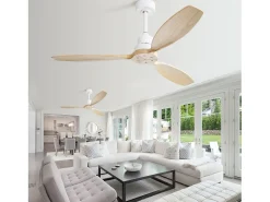 Ventilador de teto de 132 cm com 3 pás de folheado de madeira, controle remoto de 6 velocidades e temporizador, motor DC reversível, branco