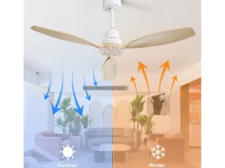 Ventilador de teto de 132 cm com 3 pás de folheado de madeira, controle remoto de 6 velocidades e temporizador, motor DC reversível, branco