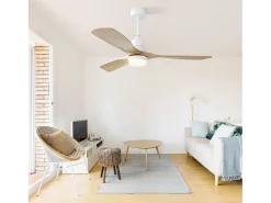Ventilador de teto de 132 cm, 3 pás de madeira, com LED, 6 velocidades e temporizador, motor DC reversível, branco