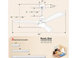Ventilador de teto de 132 cm, 3 pás de madeira, com LED, 6 velocidades e temporizador, motor DC reversível, branco