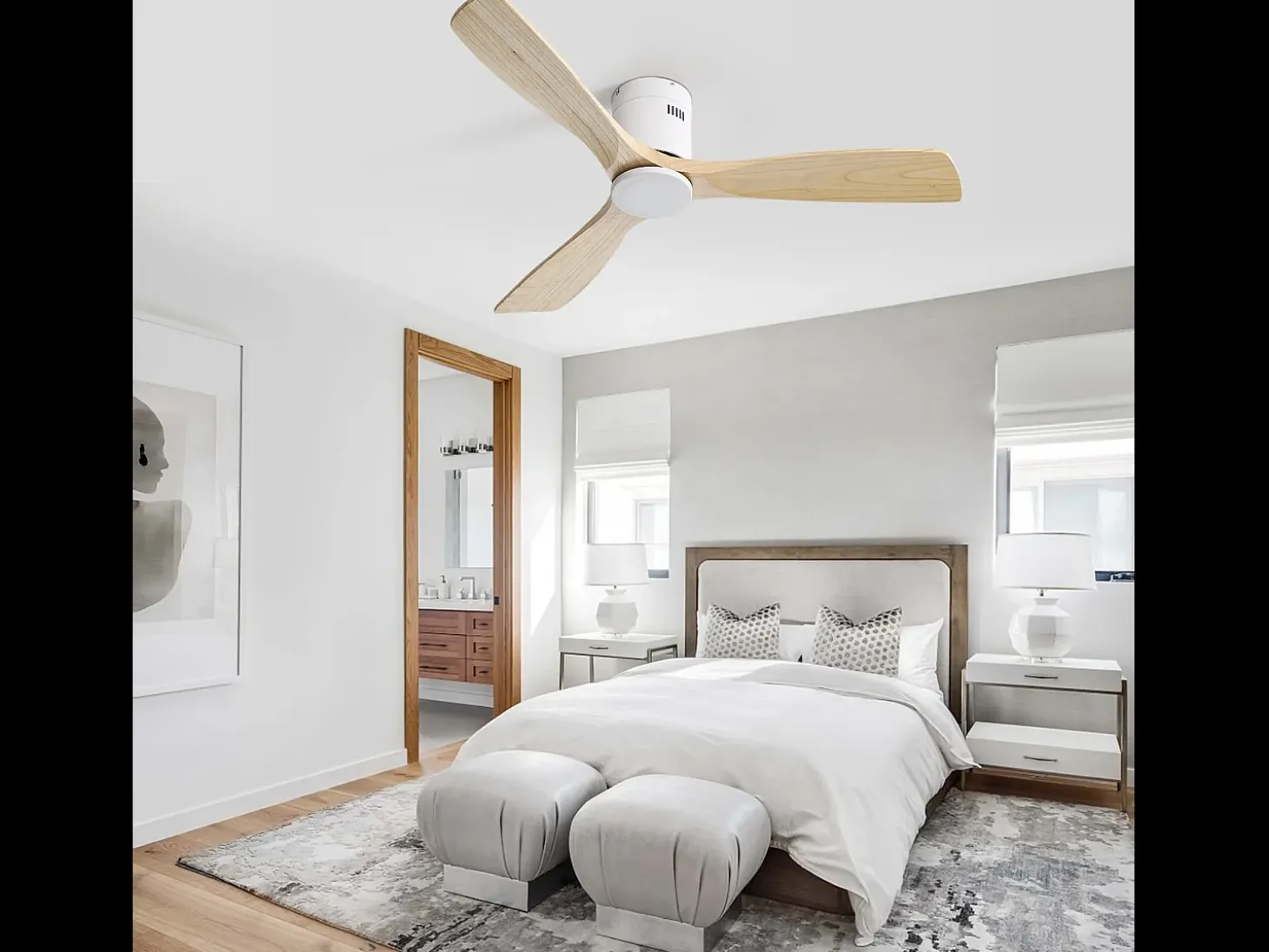 Ventilador de teto de 132 cm, 3 pás de madeira, 6 velocidades e temporizador, motor DC reversível, luz natural