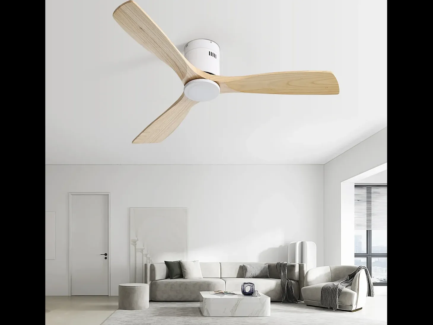 Ventilador de teto de 132 cm, 3 pás de madeira, 6 velocidades e temporizador, motor DC reversível, luz natural