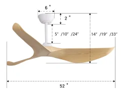 Ventilador de teto de 132 cm com 3 pás curvas, controle remoto, 6 velocidades e temporizador, motor DC reversível, luz natural