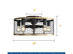 Ventilador de teto de 7 pás de 50,8 cm com luz e controle remoto, sem haste, motor DC reversível, preto