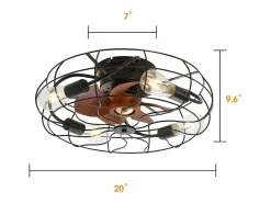 Ventilador de teto de 7 pás de 50,8 cm com 4 luzes e controle remoto, motor DC reversível, preto e marrom