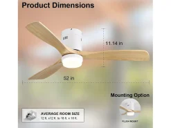 Ventilador de teto silencioso de 132 cm, 3 pás de madeira com LED, 6 velocidades e temporizador, motor DC reversível, luz natural