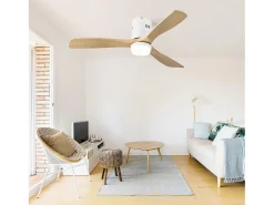 Ventilador de teto silencioso de 132 cm, 3 pás de madeira com LED, 6 velocidades e temporizador, motor DC reversível, luz natural