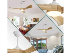 Ventilador de teto silencioso de 132 cm, 3 pás de madeira com LED, 6 velocidades e temporizador, motor DC reversível, branco