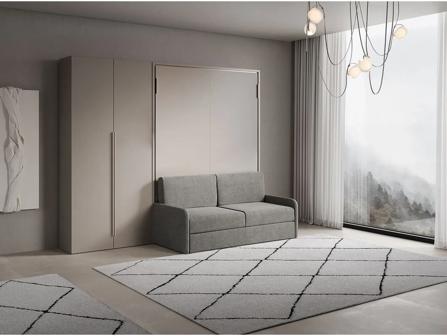Versia Sofà 160 cama de casal dobrável vertical com sofá, prateleira e guarda-roupa esquerdo com 2 portas Argilla